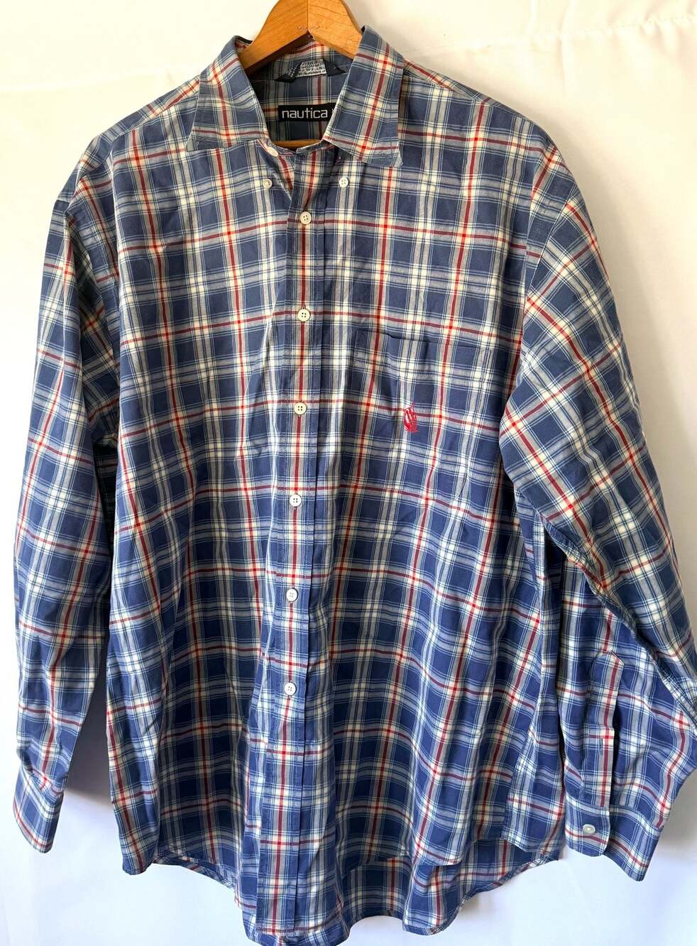 Nautica Men's XL Long Sleeve Button Down Plaid Shirt Blue Red White